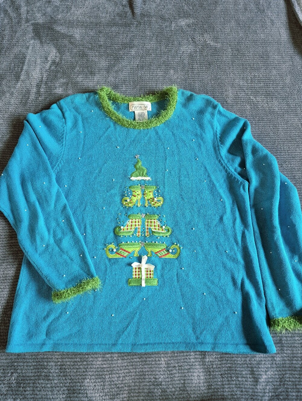 Mandal Bay Blue shoe Christmas Tree Beaded Embroidered Knit Crewneck sweater L,